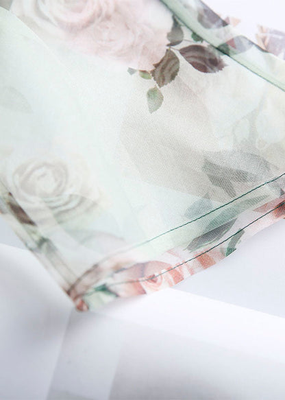 Green Print Chinese Button Patchwork Tulle T Shirt Summer
