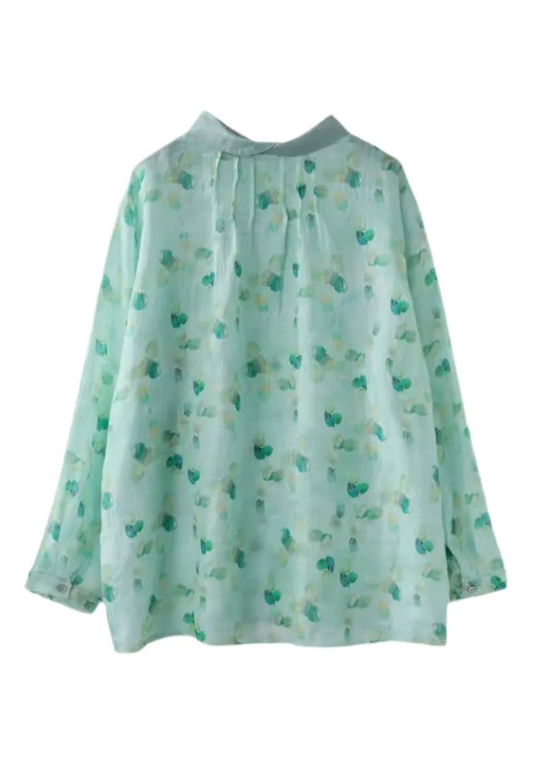 Light Green Peter Pan Collar Print Shirt Tops Long Sleeve