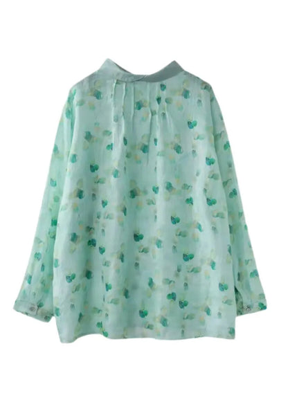 Light Green Peter Pan Collar Print Shirt Tops Long Sleeve