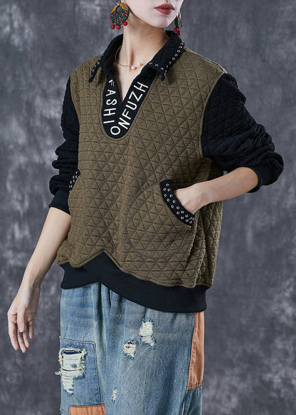 Army Green Patchwork Cotton Loose Sweatshirt Letter Embroideried Rivet Fall