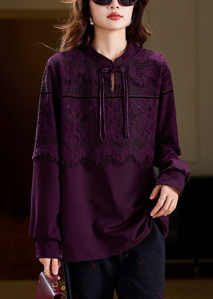 Purple Chinese Button Patchwork Lace T Shirts Spring