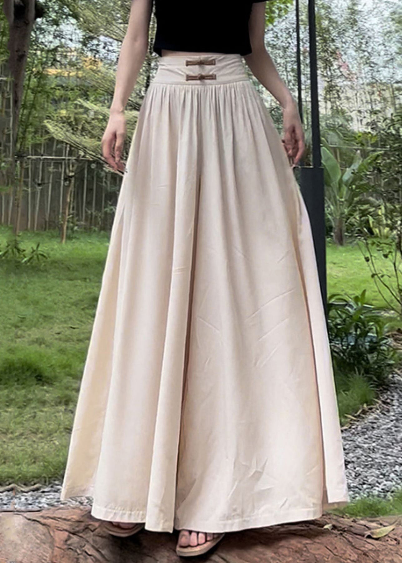 Apricot Wrinkled High Waist Cotton Pants Spring