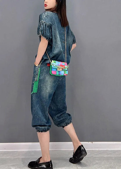 Handmade Blue O-neck Wrinkled Appliques Denim Tops and Pants Two Piece Set Clothing Short Sleeve