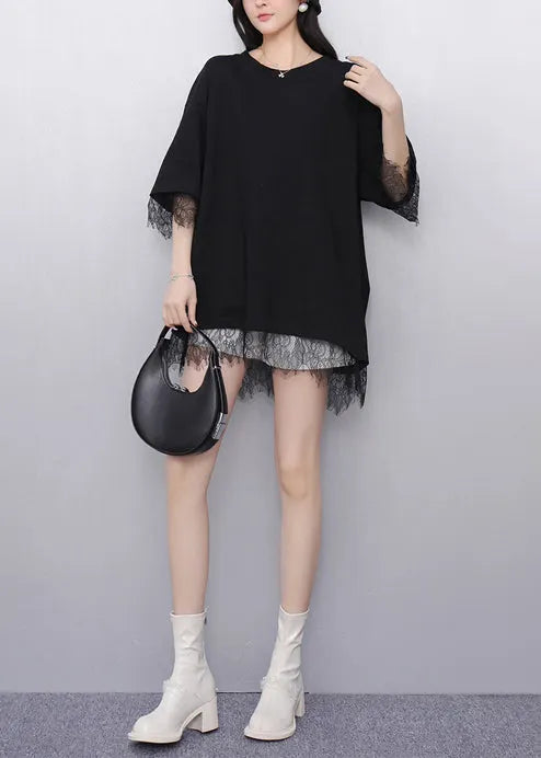 Black Patchwork Lace Tanks Oversized Back Hollow Out Summer