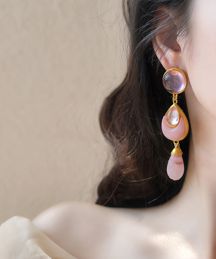 Pink Sterling Silver Overgild Crystal Coloured Glaze Water Drop Drop Earrings