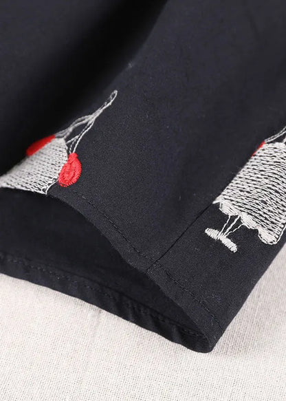 Black O-neck Embroideried Patchwork Cotton Shirts Short Sleeve