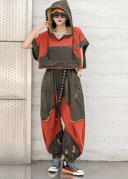 Colorblock Red Hooded Drawstring Patchwork Hole Tops and Harm Pants Two Pieces Set Short Sleeve