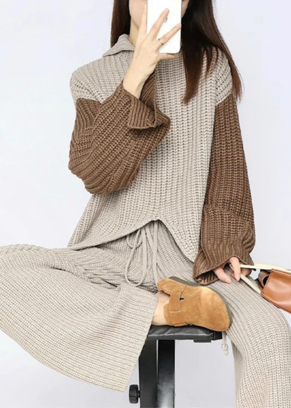 Apricot Asymmetrical Elastic Waist Patchwork Knit Two Piece Set Fall
