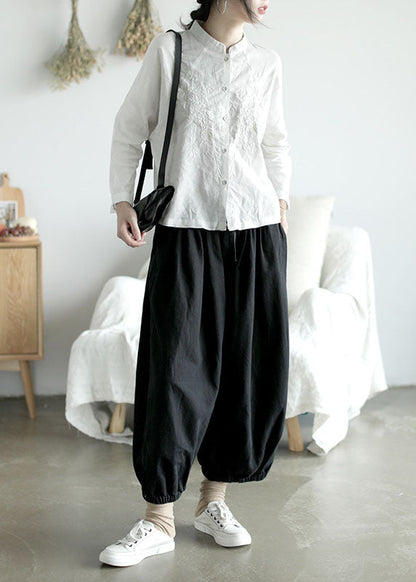 White Stand Collar Button Embroideried Shirt Top Long Sleeve