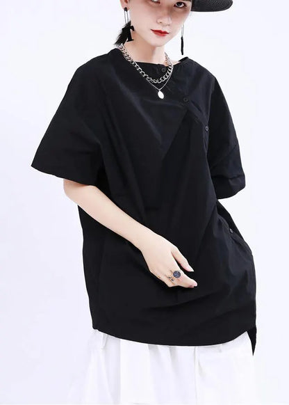Black O-neck Button Cotton Top Summer