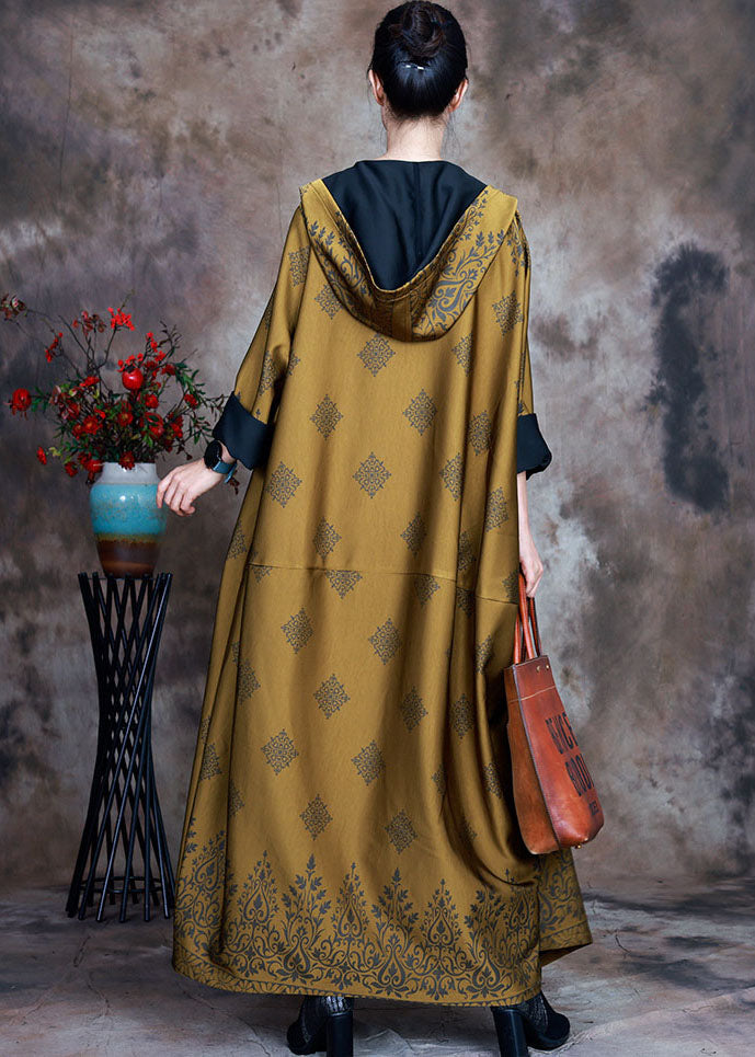 Yellow Hooded Print Satin Trench Coats Spring