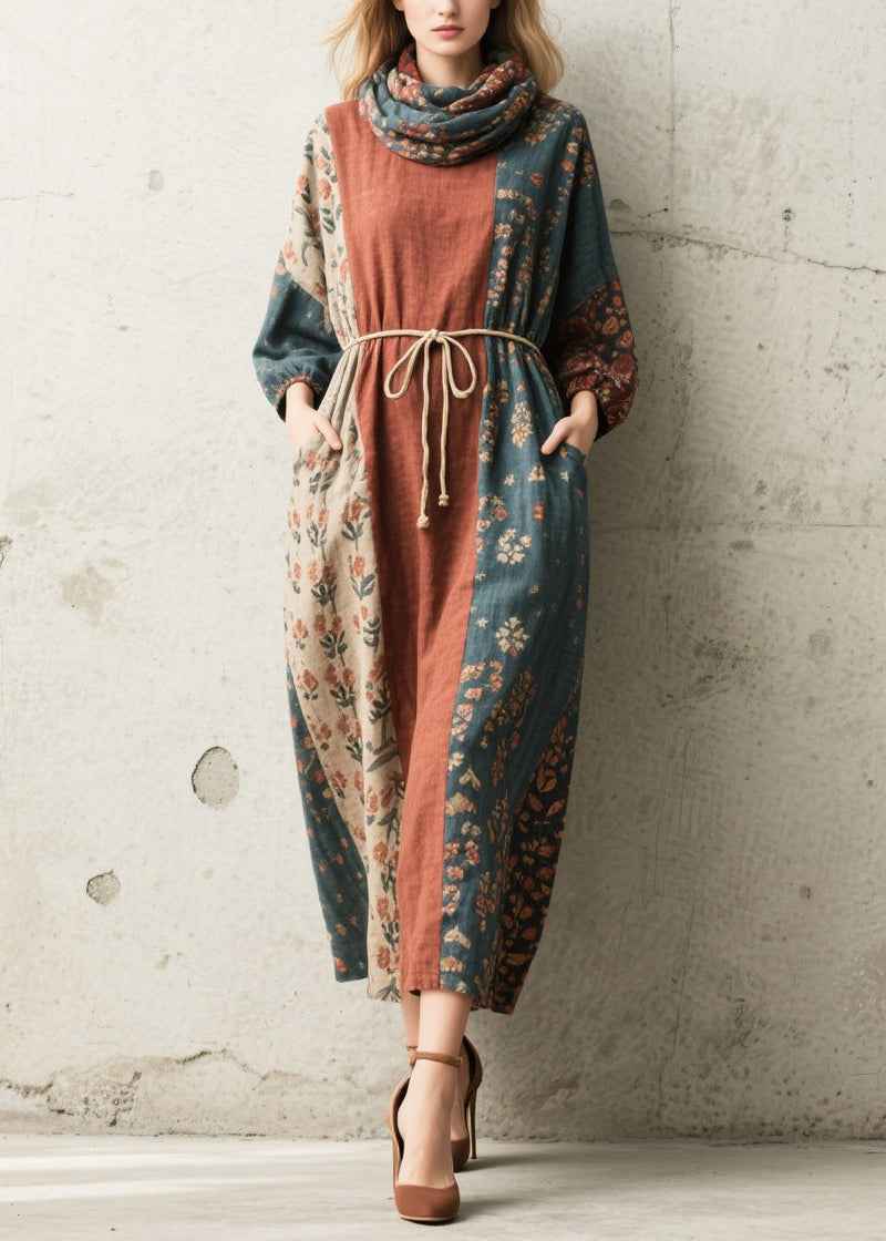 Tie Waist Print Cotton Vacation Dress Fall