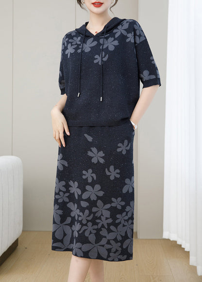 Coffee Jacquard Hooded Patchwork Knit Two Pieces Set Fall