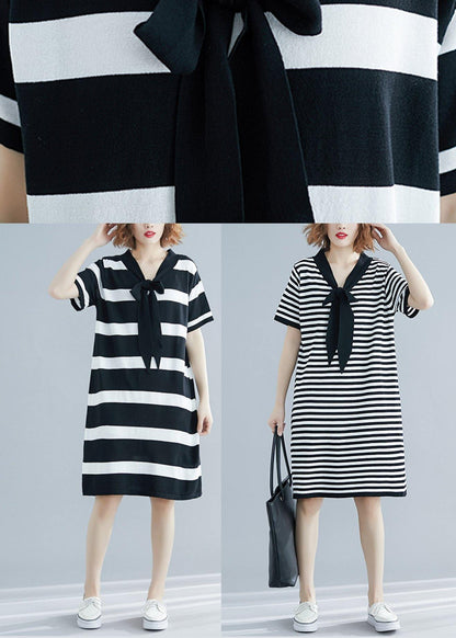 Black White Narrow Striped Short Sleeve Summer Cotton Dress