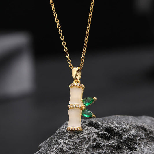 Buddha Stones 18k Gold Plated Chalcedony Bamboo Rhinestones Harmony Necklace Pendant