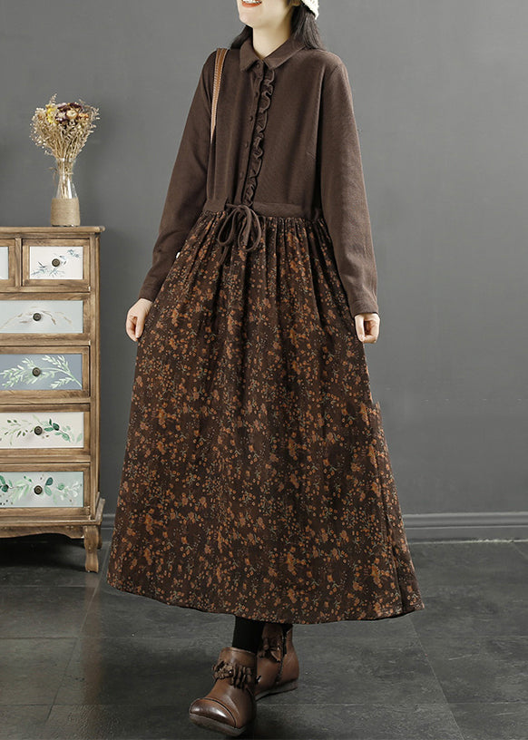 Coffee Ruffled Print Knit Patchwork Long Dress Long Sleeve