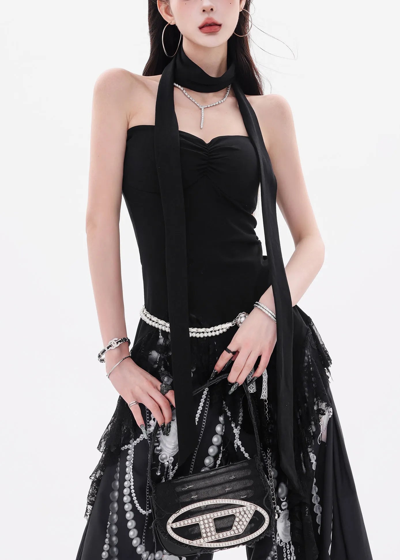 Slim Fit Black Asymmetrical Lace Cotton Tank Sleeveless