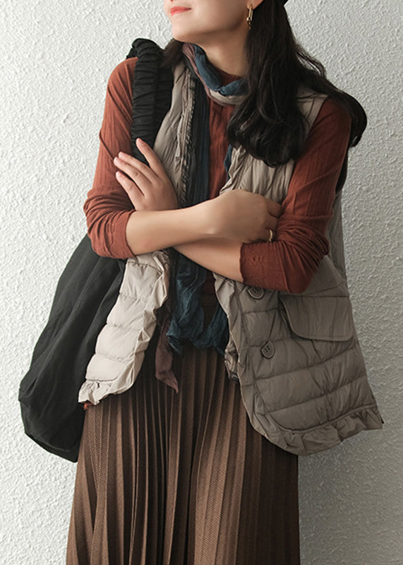 Grey V Neck Pockets Duck Down Waistcoat Winter