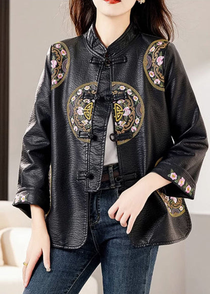 Black Stand Collar Embroideried Button Faux Leather Coats Fall