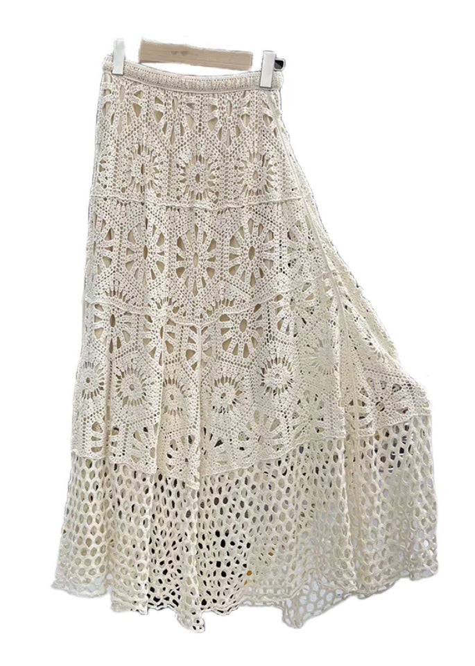 Original Design Beige Elastic Waist Lace Patchwork a Line Skirt