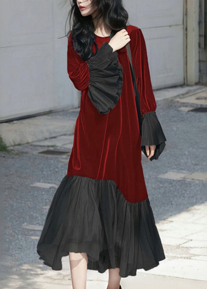 French Red O-neck Patchwork Silk Velvet Long Dress Flare Sleeve Fall