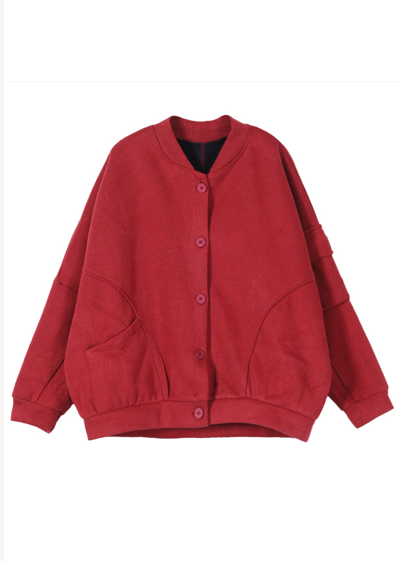 Red Stand Collar Pockets Warm Fleece Jacket Winter