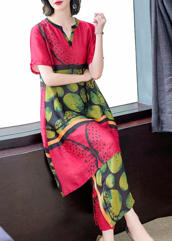 Red Print Tops and Pants Silk Two Pieces Set Summer
