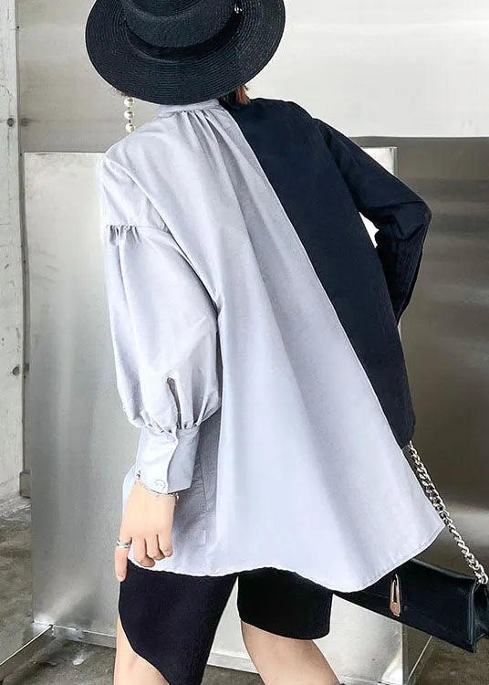 Black Patchwork Button Asymmetrical Design Fall Long Sleeve Shirt Top