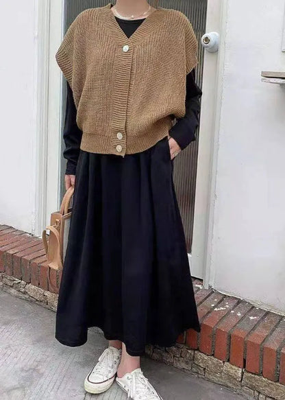 Classy Khaki Knit Vest and O-neck Long Dresses Cotton Two Piece Set Spring