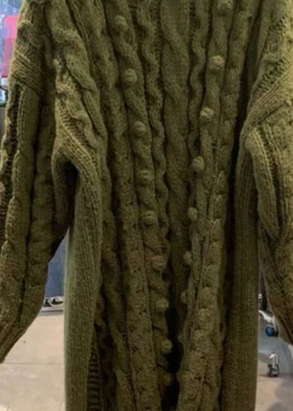 Boutique Green O-neck Side Open Cable Knit Sweaters Dress Long Sleeve
