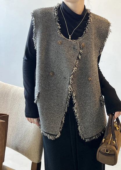 Grey Tasseled Double Breast Knit Vest Sleeveless