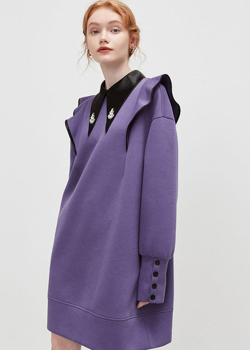 Purple Peter Pan Collar Patchwork Ruffled Cotton Dress Spring