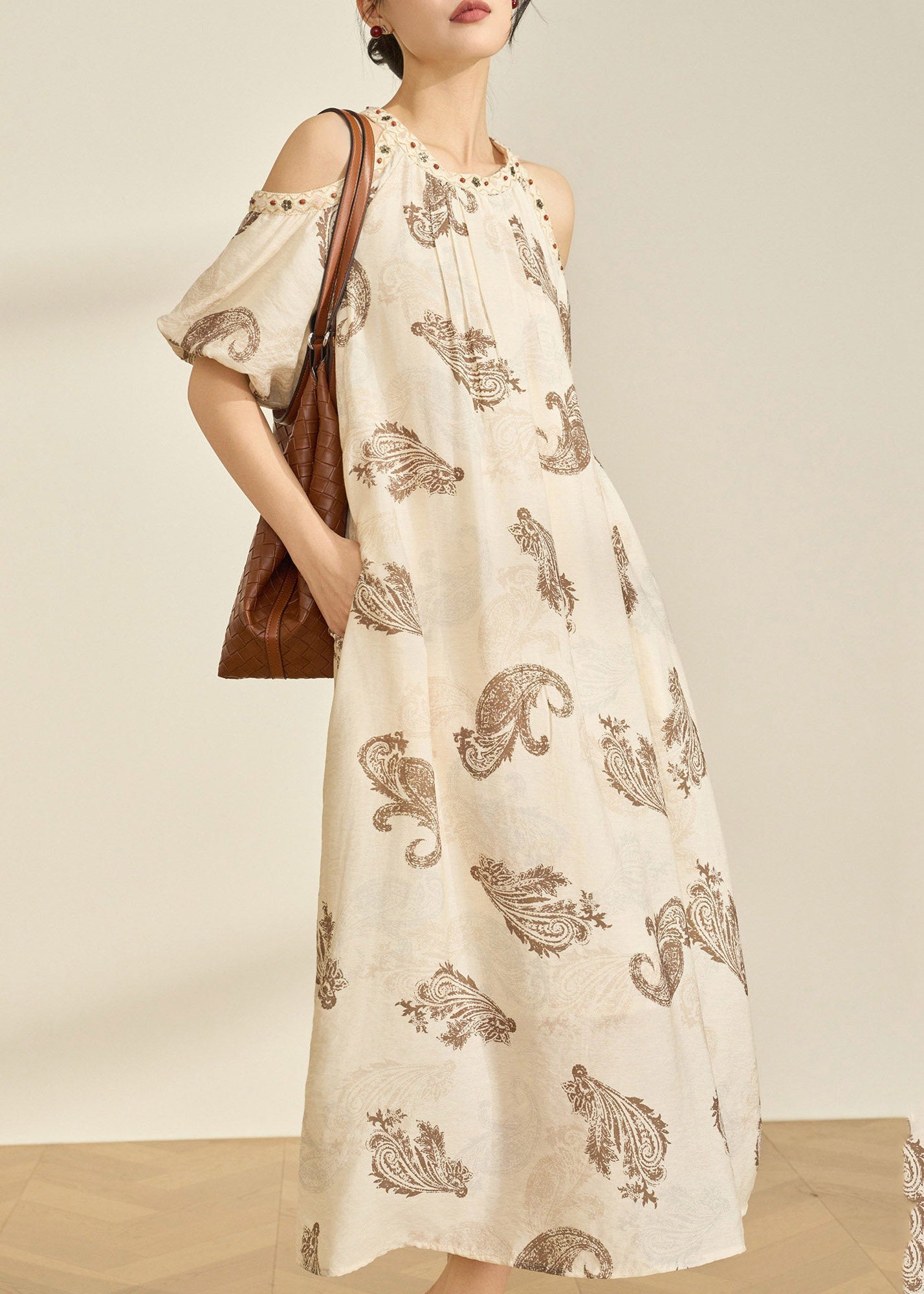 Style Apricot O-neck Cold Shoulder Print Maxi Dress Summer