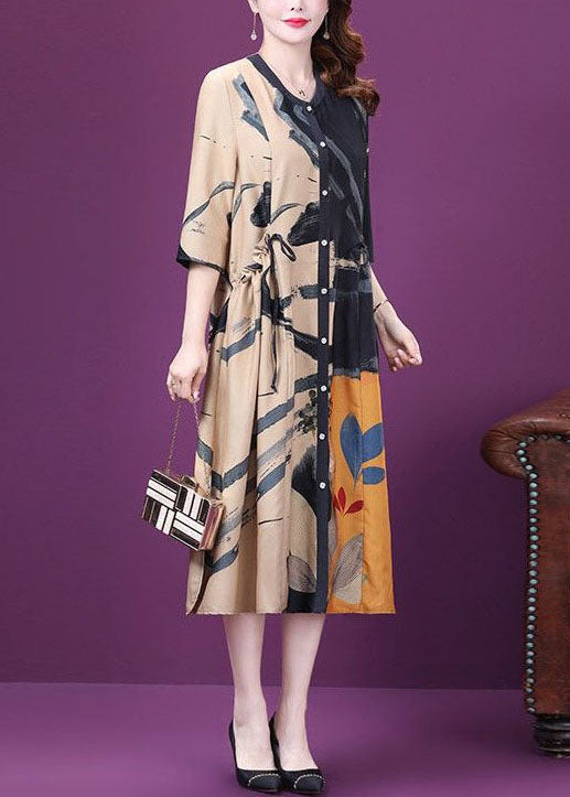 Colorblock Drawstring Side Open Print Silk Dresses Summer