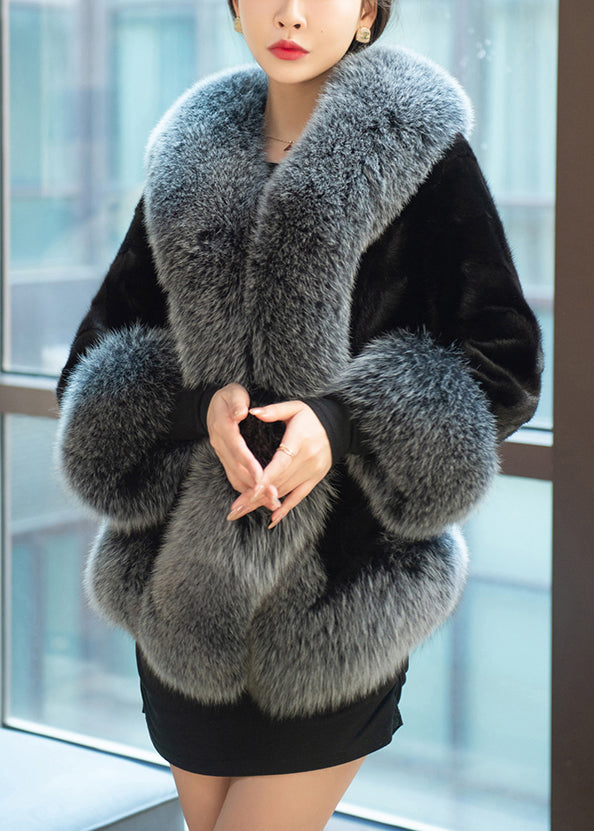 New Grey Fur Collar Pockets Patchwork Leather and Fur Coats Winter
