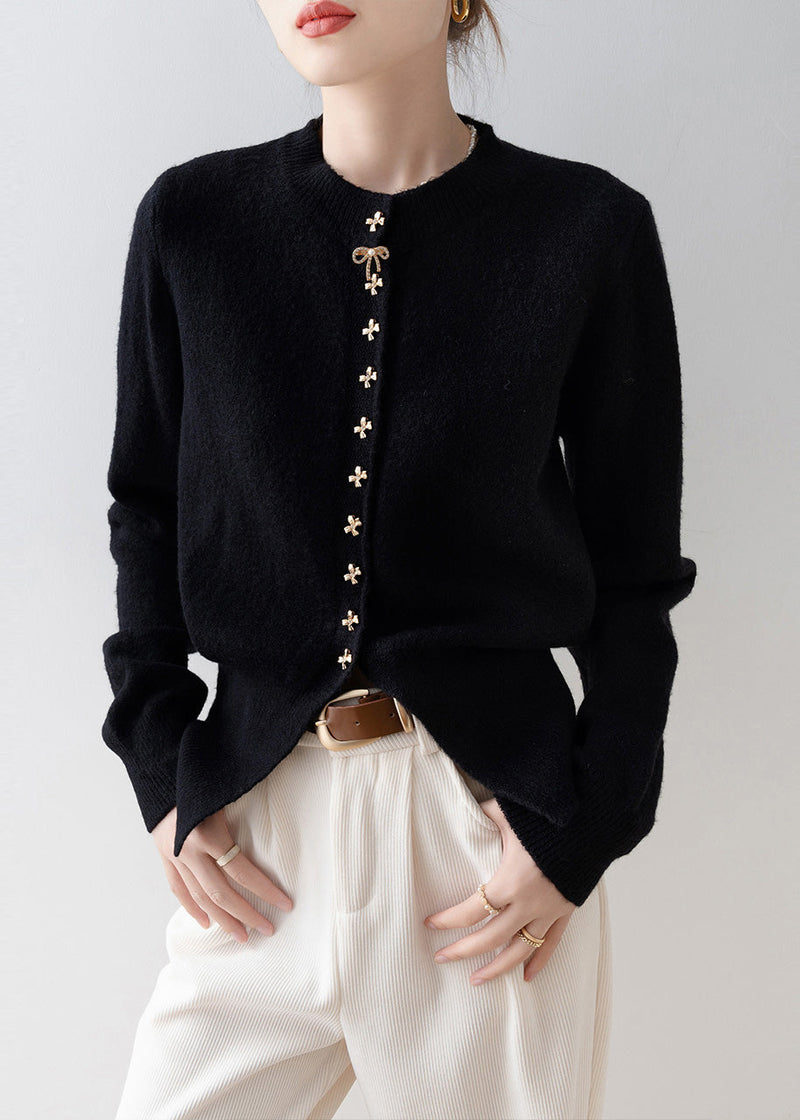 Modern Black Bow Button Side Open Knit Cardigan Winter