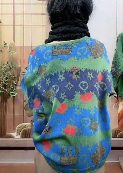 Simple Green O-neck Oversized Print Knit Short Sweater Spring
