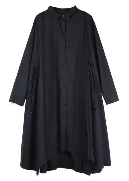 Black Pockets Asymmetrical Design Fall Cotton Long Shirts Long Sleeve
