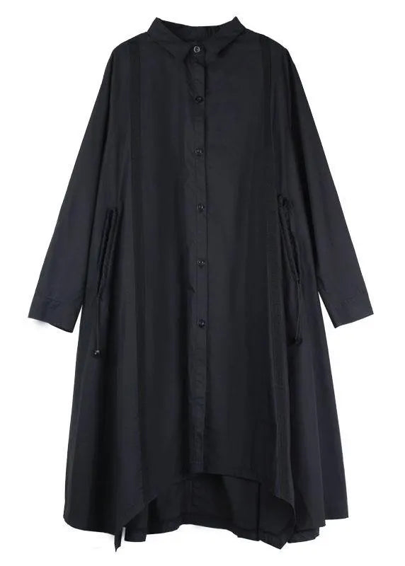 Black Pockets Asymmetrical Design Fall Cotton Long Shirts Long Sleeve