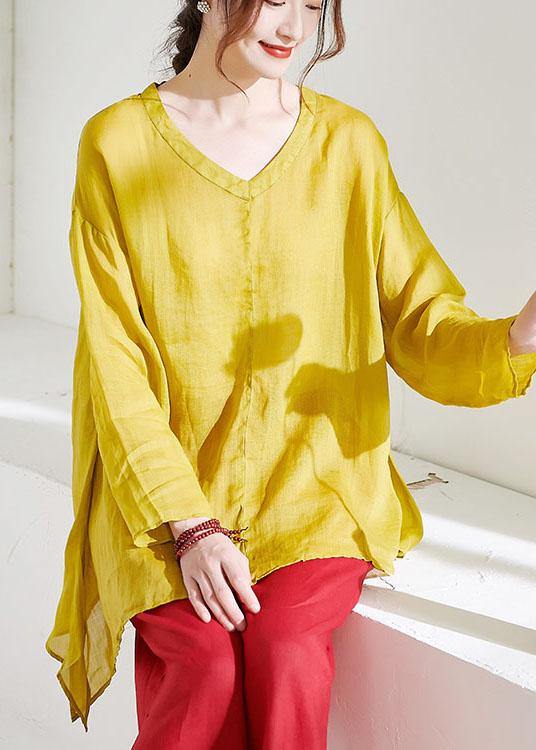 Yellow V Neck Asymmetrical Design Summer Ramie Shirt Long Sleeve