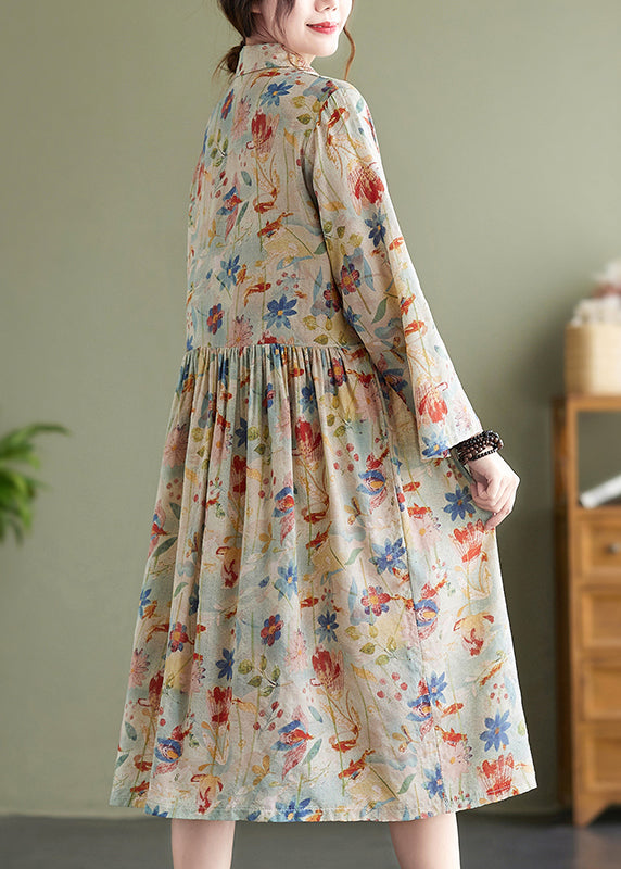 Peter Pan Collar Print Wrinkled Cotton Dress Fall