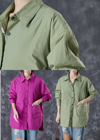Green Oversized Cotton Shirts Pockets Side Open Fall