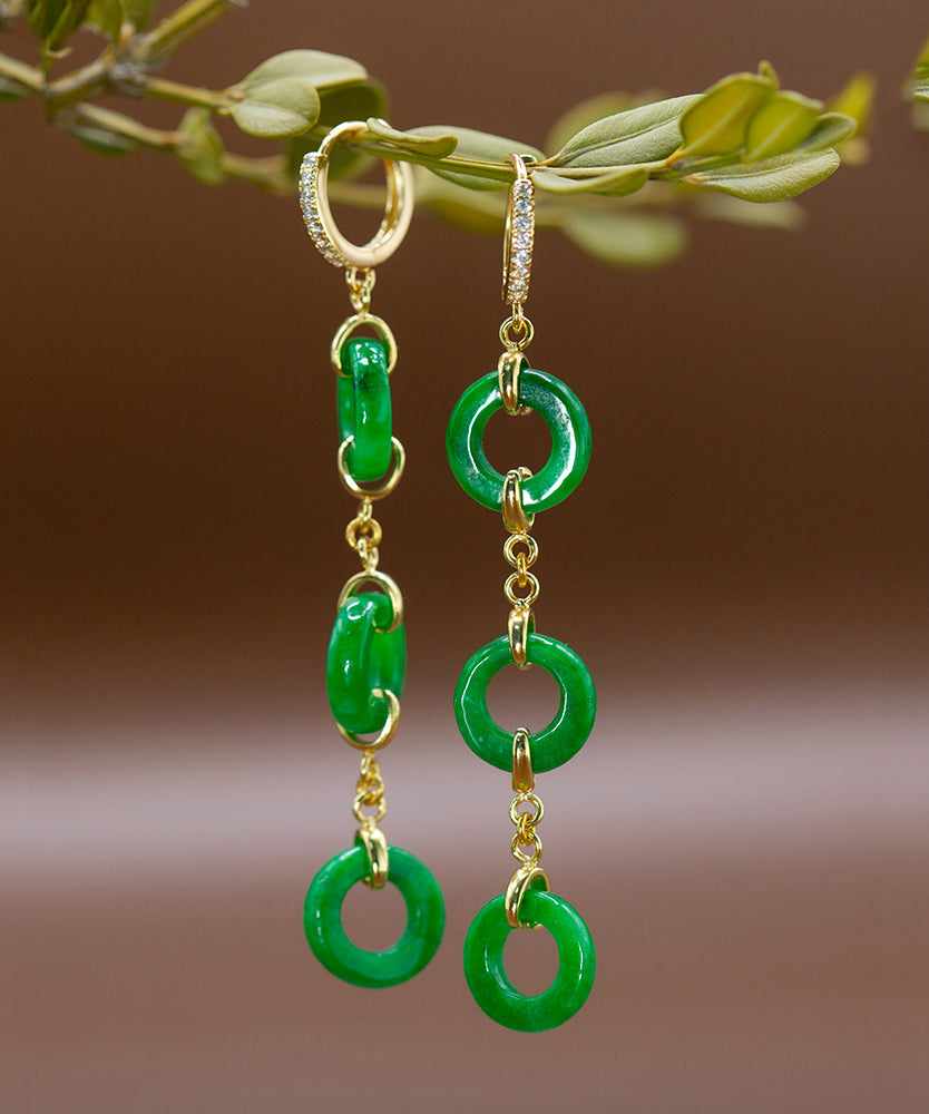 Green Sterling Silver Overgild Jade Circle Drop Earrings