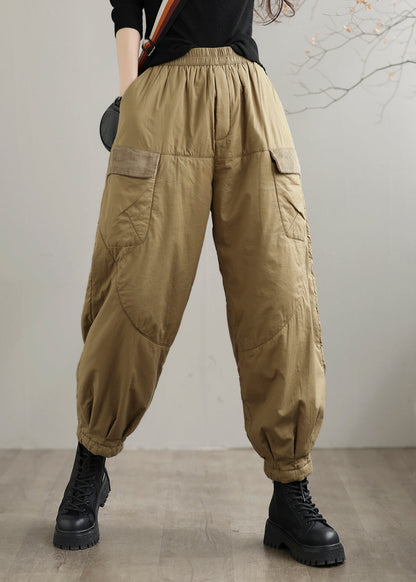 Khaki Pockets Patchwork Fine Cotton Filled Pants Winter