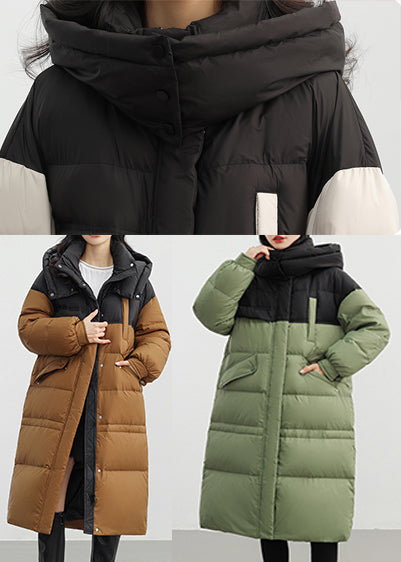 Army Green Patchwork Duck Down Down Coat Hooded Winter