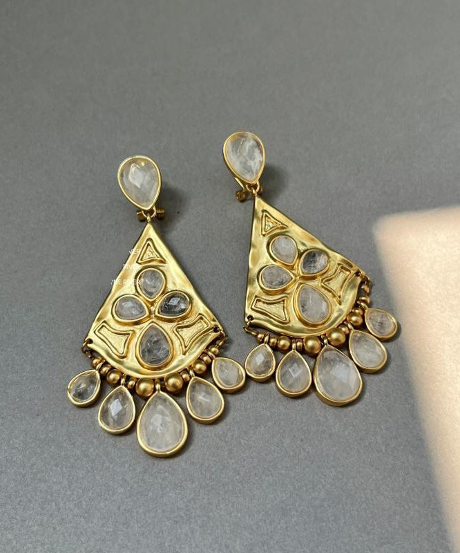 Gold Copper Overgild Crystal Fan-shaped Water Drop Tassel Drop Earrings