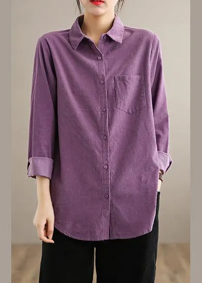 Style Lapel Pockets Spring Crane Tops Design Purple Shirt