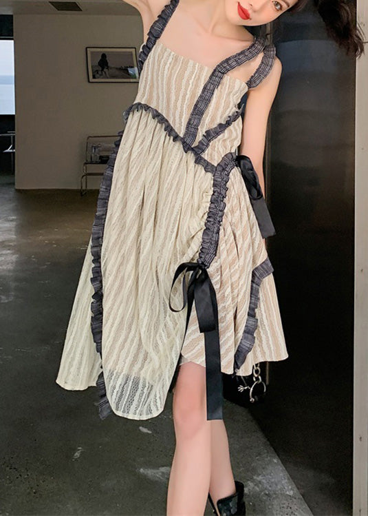 Apricot Slash Neck Patchwork Wrinkled Silk Slip Dresses Summer