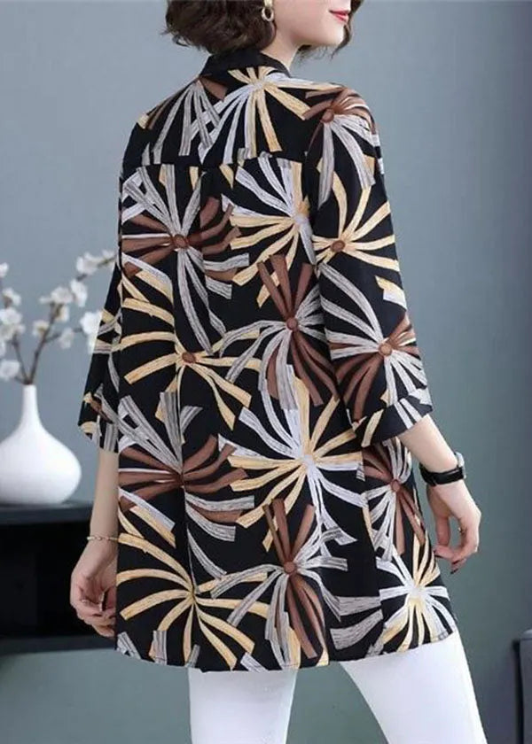 Black Stand Collar Print Chiffon Shirts Bracelet Sleeve