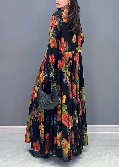 Colorblock Print Wrinkled Patchwork Cotton Long Dress Fall